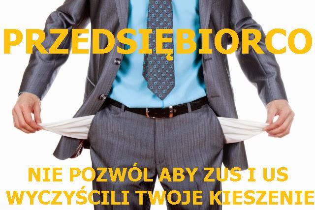 Mężczyzna w garniturze z pustymi kieszeniami, napis 'Przedsiębiorco nie pozwól aby ZUS i US wyczyścili twoje kieszenie', sugerujący doradztwo finansowe.