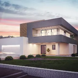 Dwukondygnacyjny dom z płaskim dachem, balkonem z przezroczystą balustradą i garażem, oświetlony wieczornym światłem, otoczony zielenią i niskim murkiem.