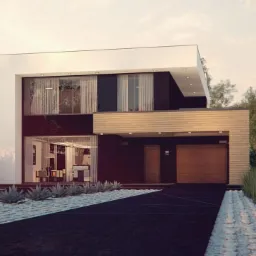 Nowoczesny, dwukondygnacyjny dom z płaskim dachem, dużymi oknami i drewnianą elewacją garażu, otoczony minimalistycznym ogrodem z białymi kamieniami i sukulentami.