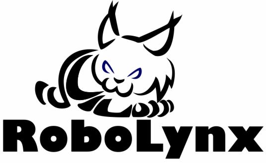 Czarno-białe logo RoboLynx przedstawia rysia z niebieskimi oczami nad nazwą firmy. Grafika wektorowa o wysokim kontraście.
