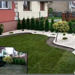 Zdjęcie przedstawia ogród po założeniu trawnika z rolki, z widocznymi obrzeżami trawnikowymi, wysypanym białym kamieniem i nasadzonymi tujami. W lewym dolnym rogu wstawka ze zdjęciem 'przed'...