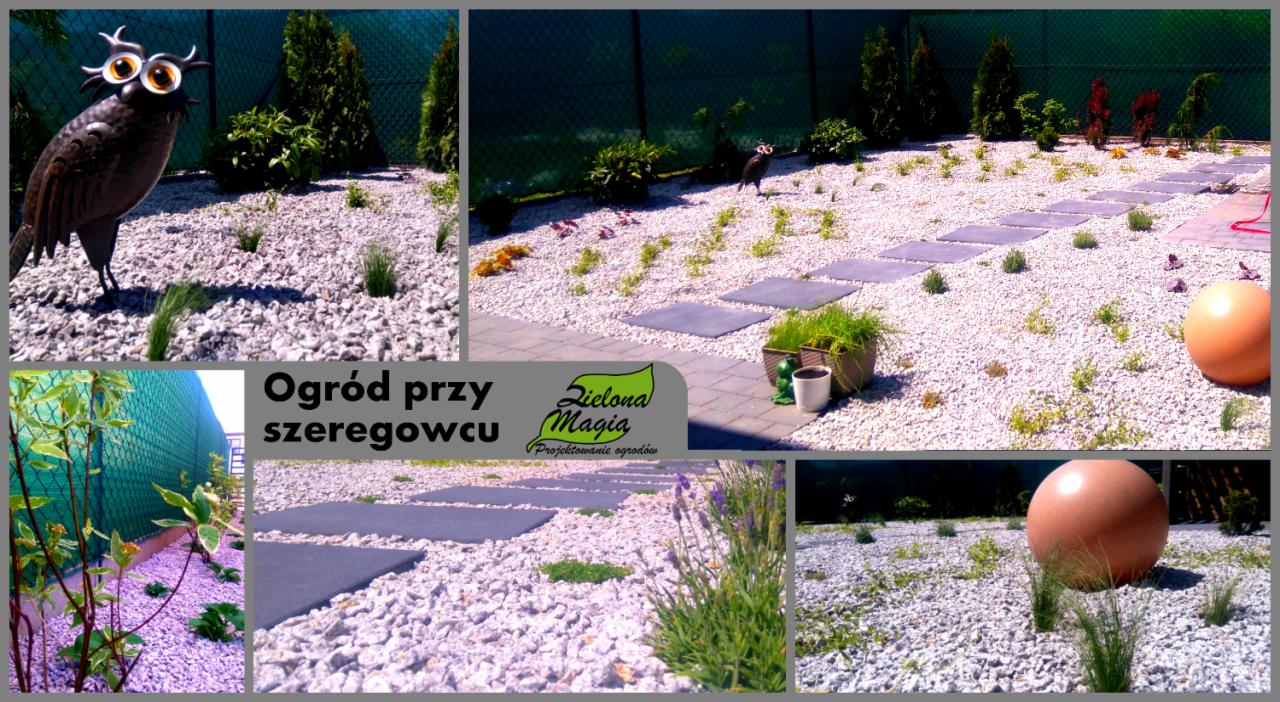 Ogród przy szeregowcu z białym żwirem, ścieżką z szarych płyt, metalową rzeźbą sowy i kulistą dekoracją.