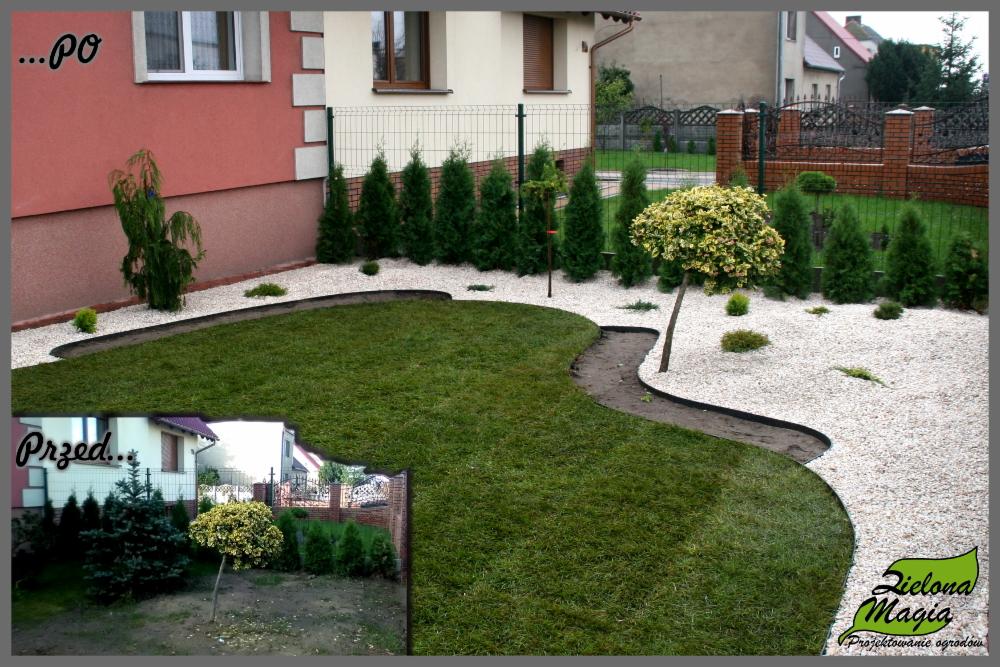 Zdjęcie przedstawia ogród po założeniu trawnika z rolki, z widocznymi obrzeżami trawnikowymi, wysypanym białym kamieniem i nasadzonymi tujami. W lewym dolnym rogu wstawka ze zdjęciem 'przed'...
