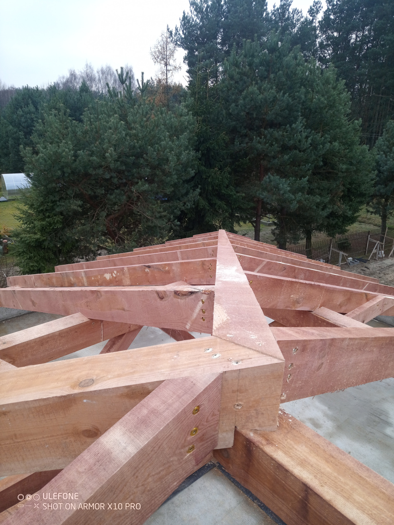 Surowa, drewniana konstrukcja dachu z widocznymi połączeniami na tle zieleni drzew i szarego nieba. Elementy więźby dachowej w trakcie montażu.