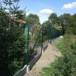 Długi, zielony płot z siatki, oparty na betonowej podmurówce, ciągnie się wzdłuż porośniętej roślinnością granicy działki w słoneczny dzień.