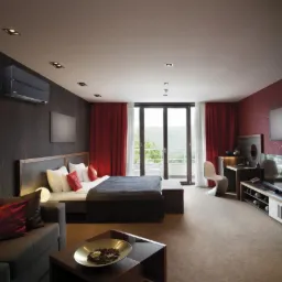 Nowoczesny klimatyzator ścienny w luksusowym pokoju hotelowym z czerwonymi akcentami, widok na balkon i góry w tle.