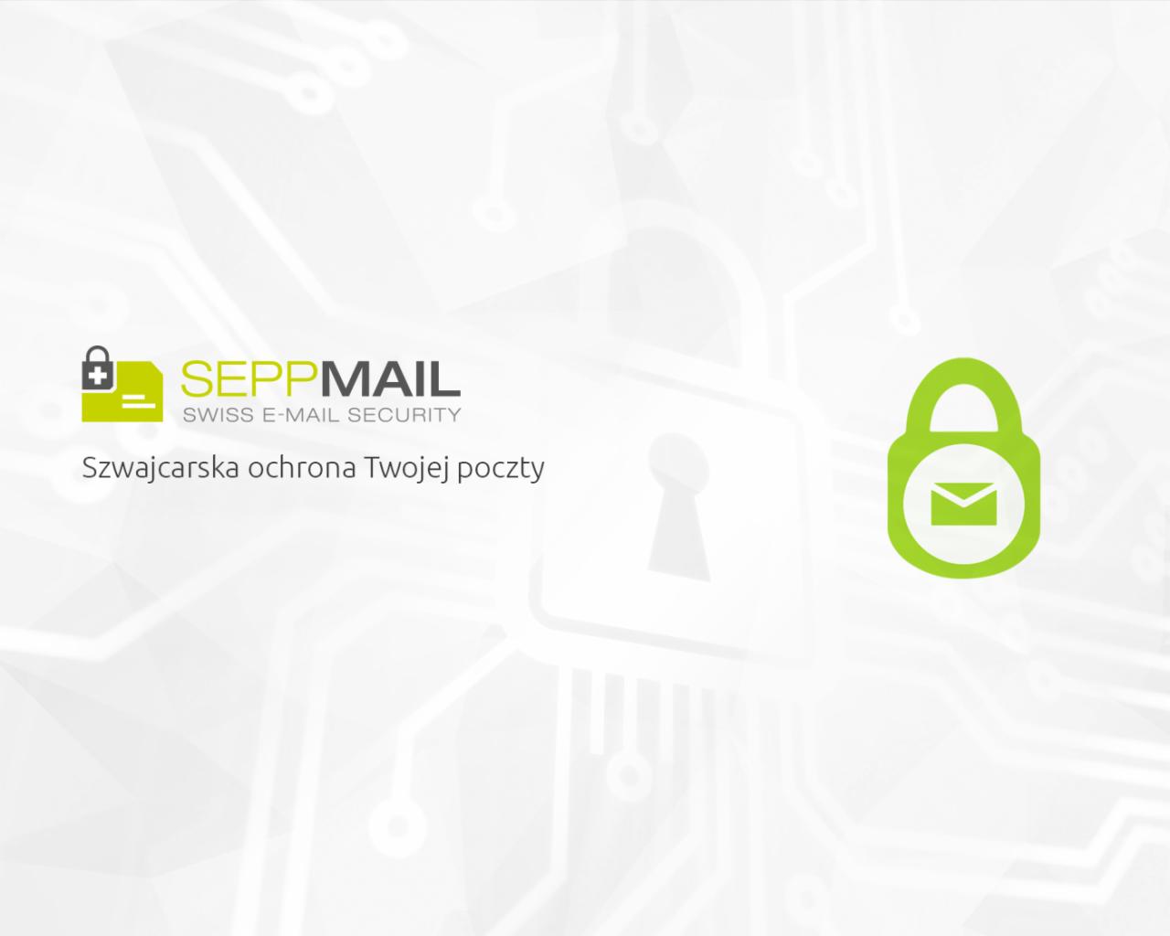 Logo SEPPMAIL z hasłem 'Szwajcarska ochrona Twojej poczty' i symbolem kłódki z kopertą na tle schematu płyty głównej.