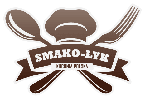 Brązowe logo 'Smako-Łyk Kuchnia Polska' z czapką kucharską, łyżką i widelcem na szarym tle. Grafika w stylu retro, promująca polską kuchnię.