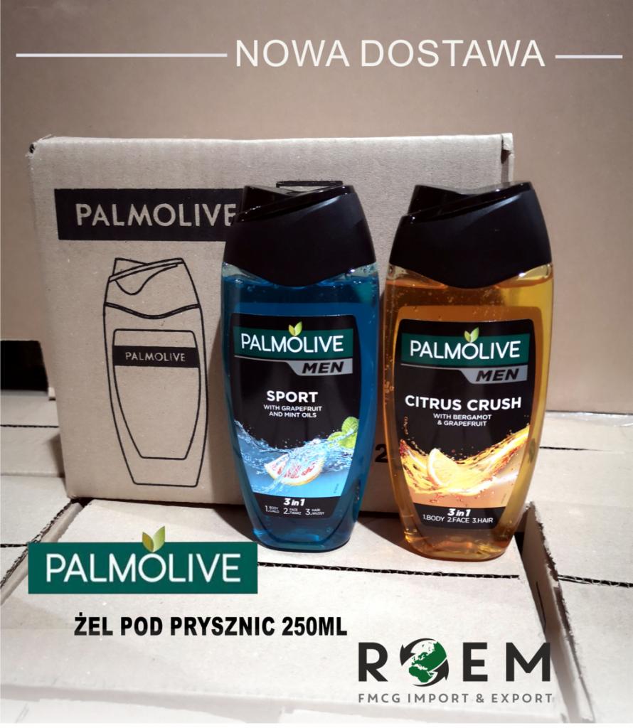 Dwa żele pod prysznic Palmolive Men (Sport i Citrus Crush) stojące przed kartonem z logo Palmolive, zdjęcie z napisem 'Nowa Dostawa'.