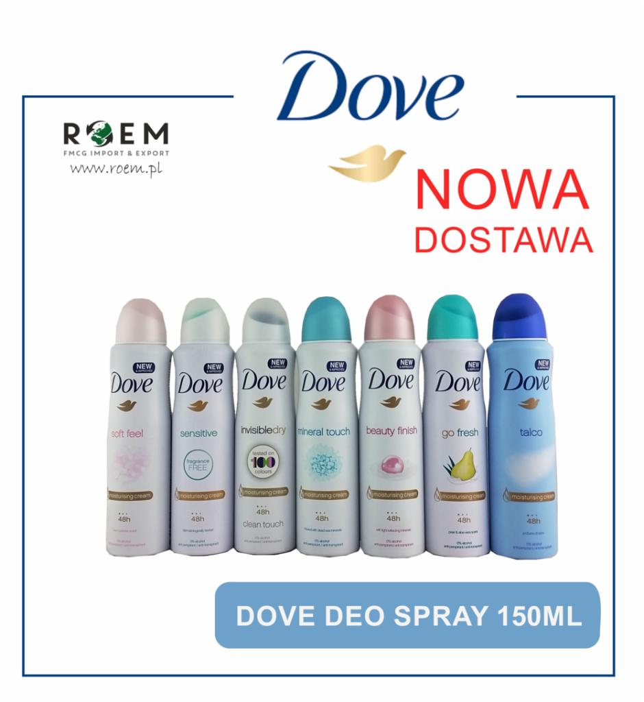 Siedem różnych wariantów dezodorantu Dove w sprayu, ułożonych obok siebie, z napisem 'NOWA DOSTAWA' i logo dystrybutora ROEM w tle.