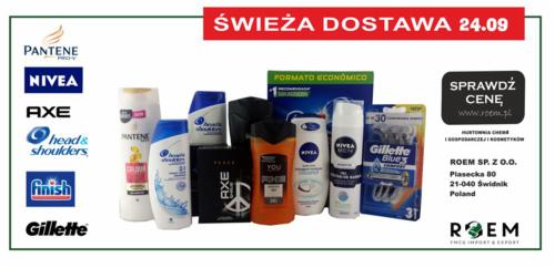 Zestaw markowych artykułów higienicznych i kosmetycznych, w tym szampony, żele pod prysznic i maszynki do golenia, z informacją o świeżej dostawie.