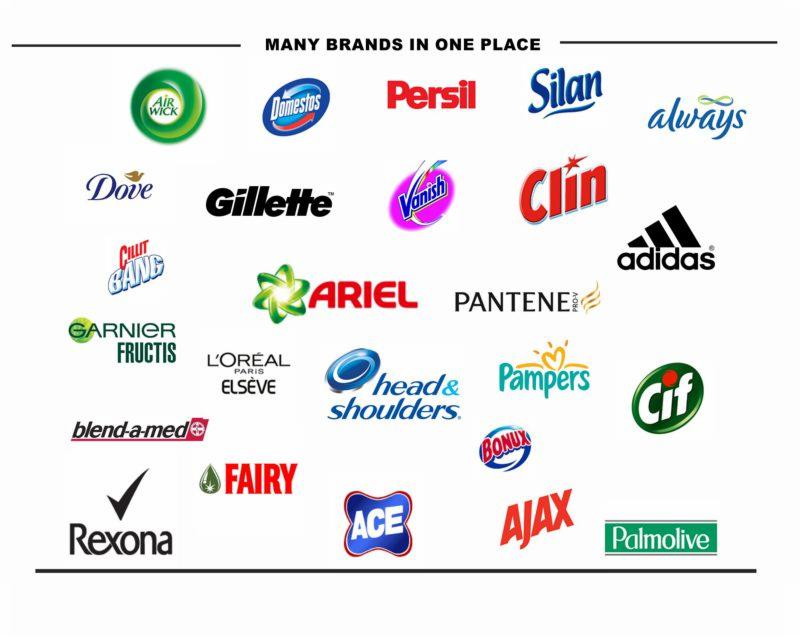 Kompozycja logo różnych marek produktów konsumenckich, w tym środków piorących, czyszczących, kosmetyków i artykułów higienicznych, rozmieszczonych na białym tle pod hasłem 'MANY BRANDS IN ONE PLACE'.
