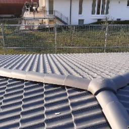 Szary dach z ceramicznej dachówki karpiówki z zamontowanym systemem rynnowym i siatką zabezpieczającą przed ptakami, na tle zielonego trawnika i zabudowy jednorodzinnej.