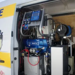 Sprzęt Graco Reactor E-30 wewnątrz furgonetki,  do natrysku pianki PUR. Widoczne przewody, manometry i panel sterowania. Część żółtej reklamy na karoserii.