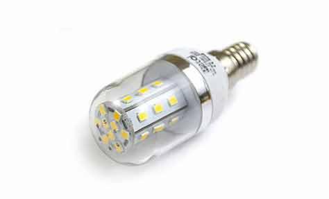 Żarówka LED E14 z przezroczystą obudową, widoczne diody świecące ciepłym światłem.