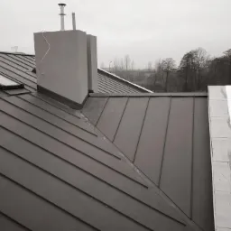 Szary dach z blachy na rąbek stojący z oknem dachowym i kominem, widok z góry, obok rusztowanie. W tle drzewa i szklarnie.