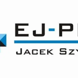 Logo firmy EJ-PRIM Jacek Szymański z abstrakcyjnym symbolem graficznym złożonym z niebieskich trójkątów