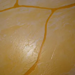 Żółta, dekoracyjna struktura tynku imitująca kamień z wyraźnymi, ciemniejszymi spoinami. Widoczne subtelne nierówności i refleksy światła.