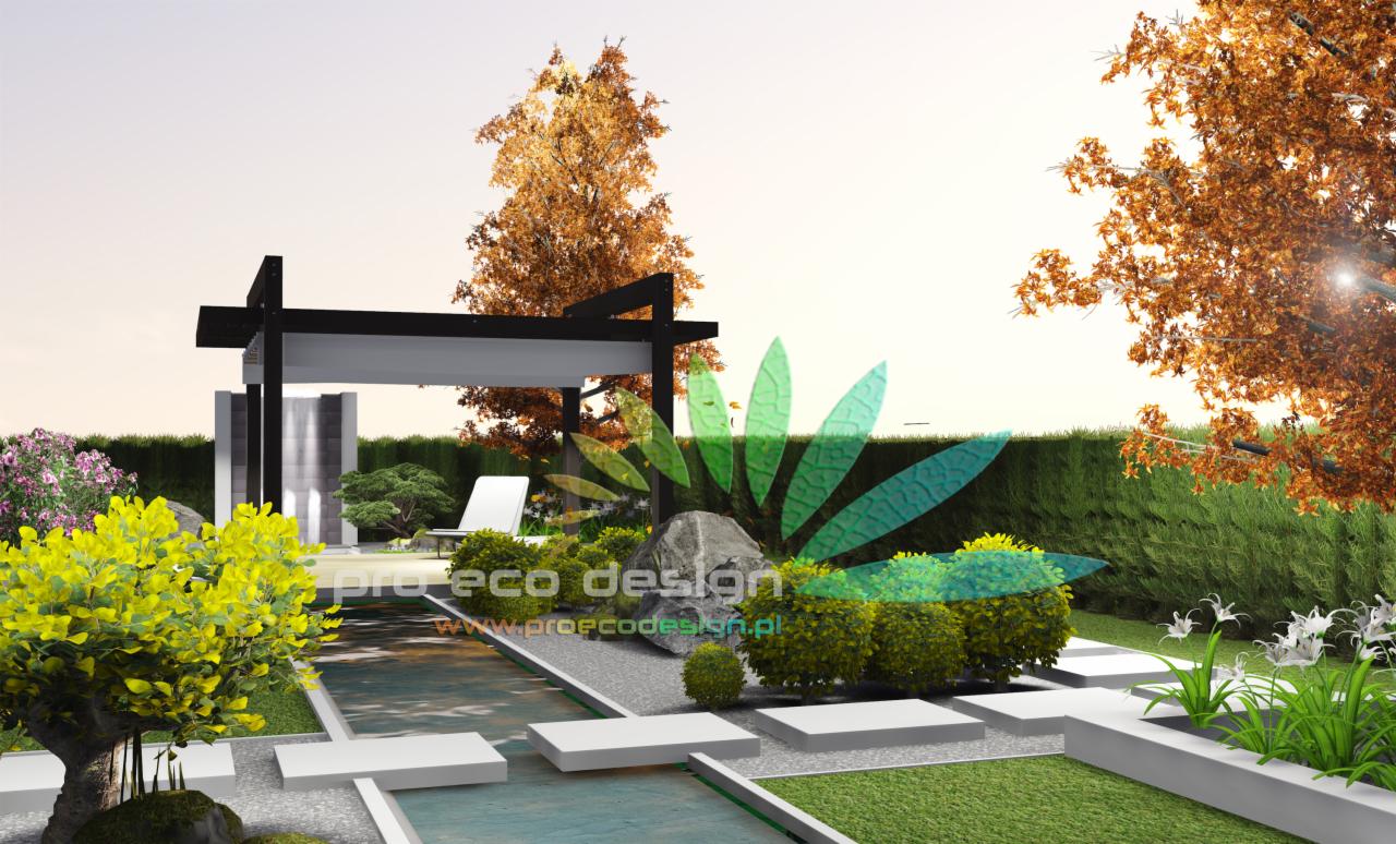 Wizualizacja ogrodu z nowoczesną pergolą, strumieniem wodnym i starannie dobraną roślinnością. Elementy małej architektury w bieli kontrastują z zielenią.