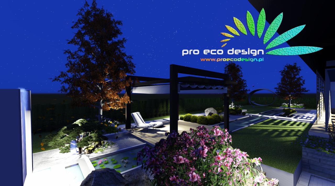 Wizualizacja ogrodu nocą: pergola z leżakiem, oczko wodne z liliami, kwitnące krzewy, trawnik i nowoczesna rzeźba. Logo firmy 'pro eco design' w górnej części zdjęcia.