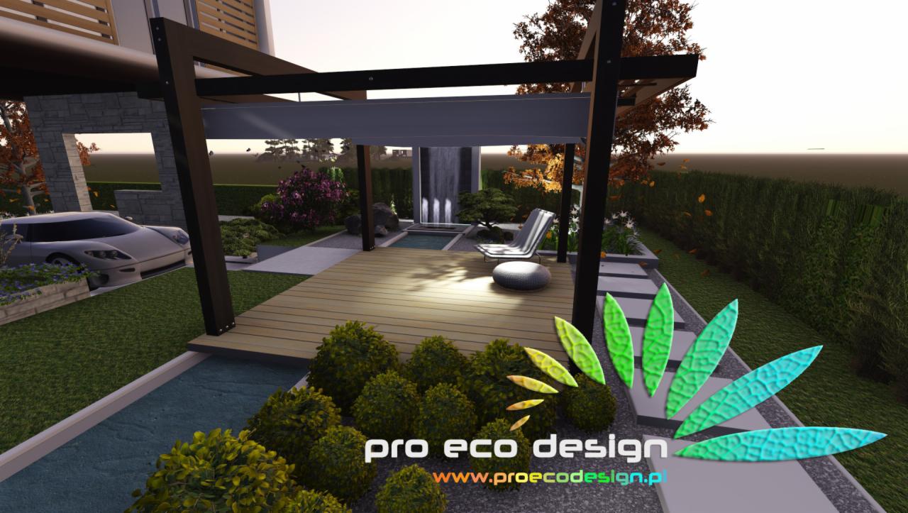Wizualizacja ogrodu z nowoczesną pergolą, drewnianym tarasem i minimalistycznym oczkiem wodnym. W tle luksusowy samochód i zadbana zieleń. Projekt 'Pro Eco Design'.