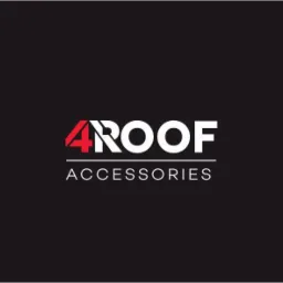 Logo firmy 4Roof Accessories na czarnym tle, z czerwonym elementem graficznym w kształcie cyfry 4 i dachu.