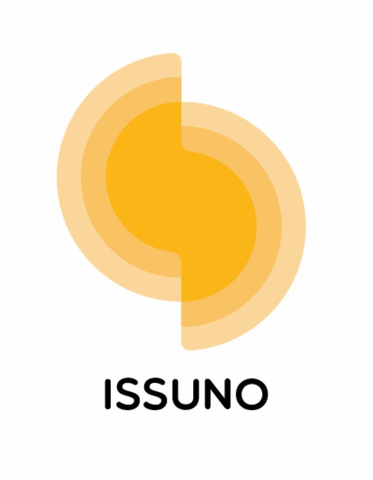 Graficzne logo firmy ISSUNO, składające się z dwóch półokręgów w odcieniach żółci, umieszczonych symetrycznie względem siebie na białym tle, z nazwą firmy zapisaną czarnymi literami poniżej.
