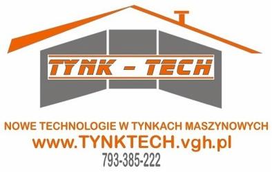 Logo firmy TYNK-TECH z Krzeszowic, specjalizującej się w nowej technologii. Grafika przedstawia zarys domu w odcieniach szarości i pomarańczy, nazwę firmy i dane kontaktowe.