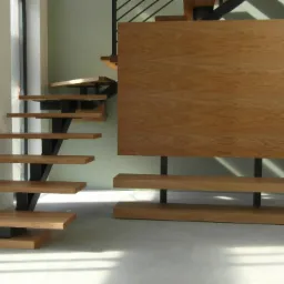 Nowoczesne schody wspornikowe z drewnianymi stopniami i czarnymi metalowymi wspornikami, z drewnianą ścianką działową w tle, w jasnym, minimalistycznym wnętrzu.