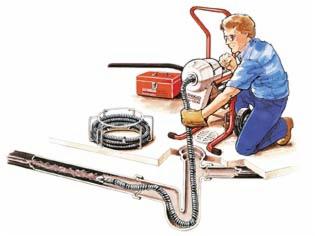 Schemat instalacji hydraulicznej z narzędziem do udrażniania rur, czerwonym pudełkiem narzędziowym i figurką hydraulika, ukazujący proces usuwania zatoru w syfonie.