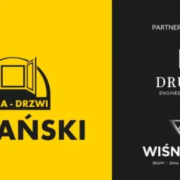 Logotyp firmy Polański Okna-Drzwi na żółtym tle, partner handlowy marek Drutex i Wiśniowski na czarnym tle.