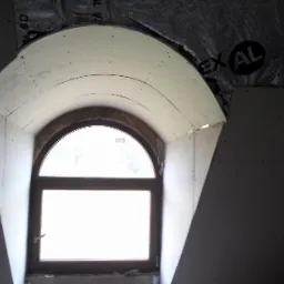 Montaż płyty G-K wokół okna o łukowatym kształcie, widoczne mocowania i izolacja. Skos dachu i okno z widokiem na zewnątrz. Detal wykończenia wnętrza.