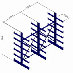 Schemat techniczny niebieskiego regału wspornikowego z wymiarami 2500x1500x600 mm na białym tle.