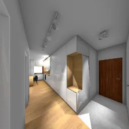 Wizualizacja wnętrza: białe, lakierowane szafy w zabudowie z drewnianą wnęką i siedziskiem, oświetlenie szynowe, widok na kuchnię w tle, drewniana podłoga.