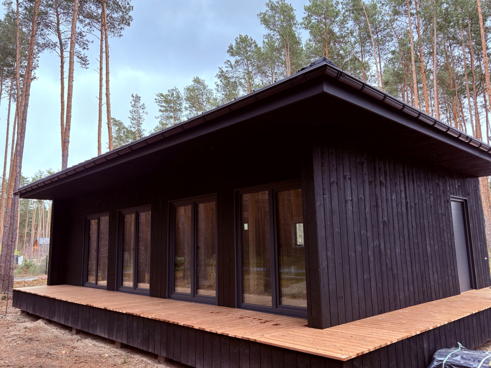 Czarny dom szkieletowy z drewnianym tarasem na tle lasu sosnowego, widok z zewnątrz, nowoczesna architektura.