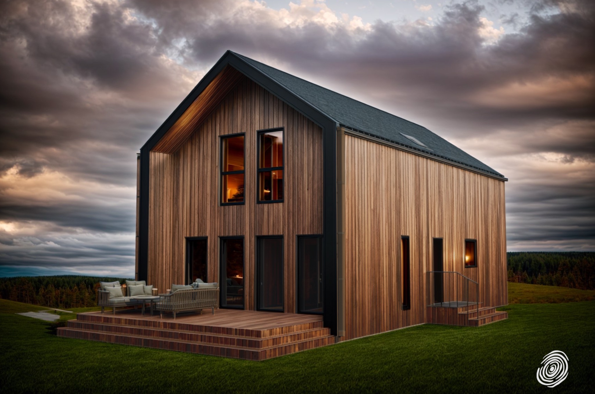 Nowoczesny dom z drewnianą fasadą i czarnymi ramami okiennymi. Na tarasie zestaw wypoczynkowy. W tle pochmurne niebo i zieleń. Minimalistyczny styl.