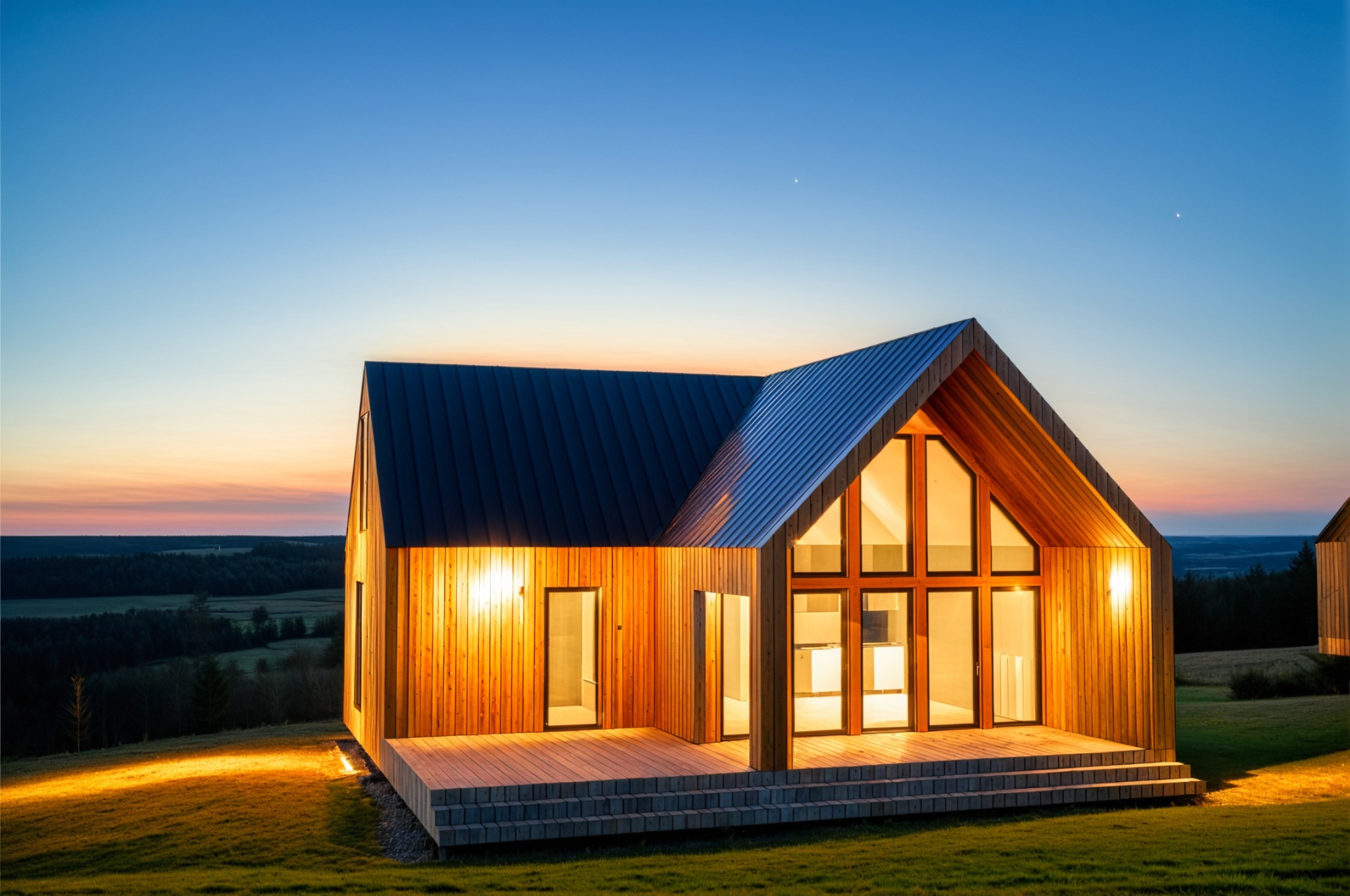 Nowoczesny dom szkieletowy z drewnianą elewacją i dużymi oknami, oświetlony ciepłym światłem o zmierzchu, na tle krajobrazu zalesionych wzgórz.