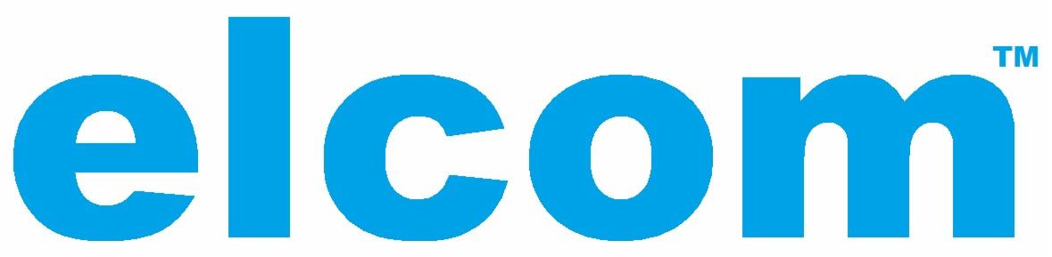 Jasnoniebieskie logo 'elcom' na białym tle, z symbolem znaku towarowego (™) w prawym górnym rogu. Minimalistyczny, nowoczesny design.