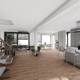 Wizualizacja przestronnego wnętrza domu z otwartą kuchnią, drewnianą podłogą, schodami z drewnianą balustradą i szarym fotelem jajkiem