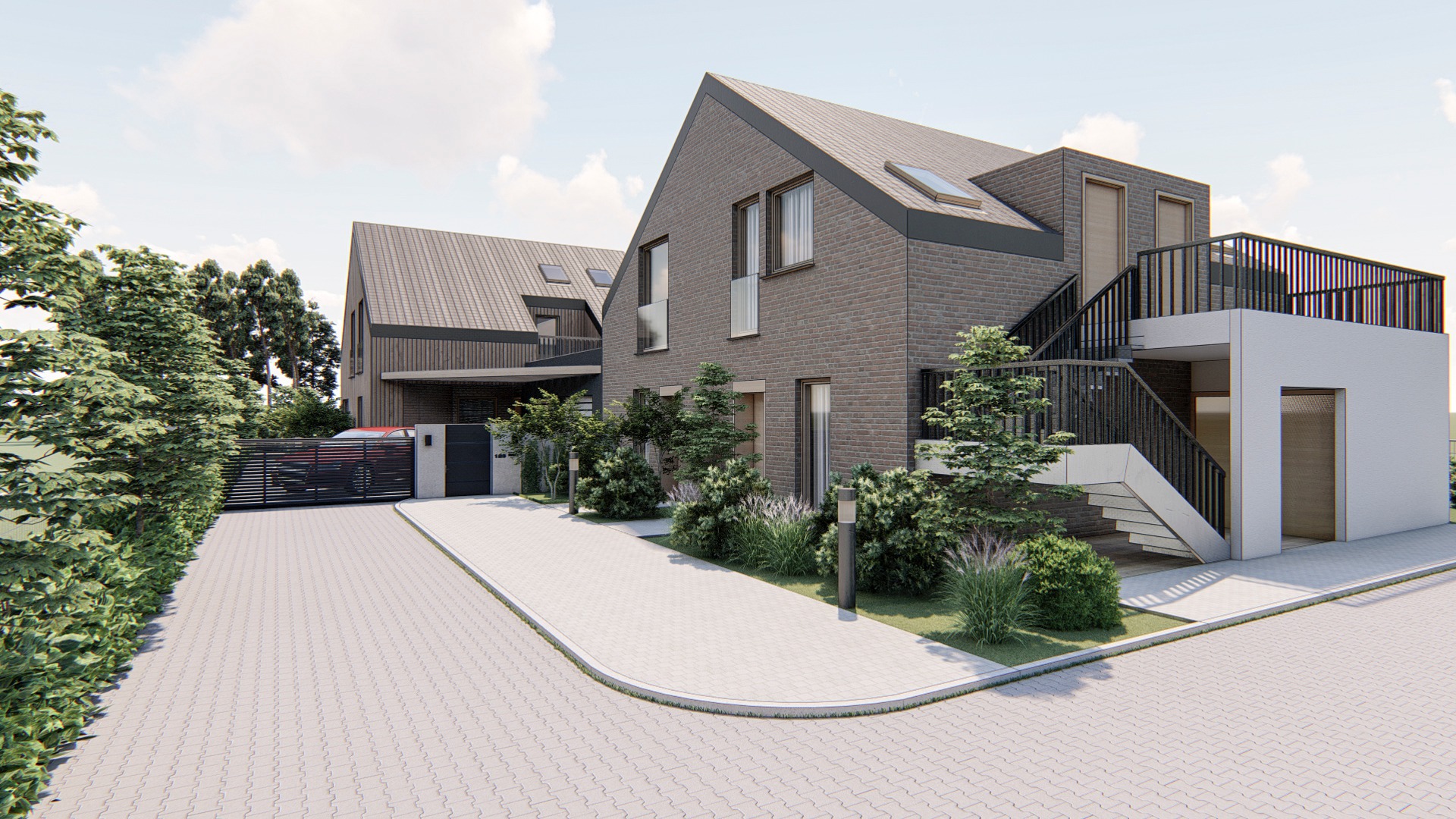 Wizualizacja zewnętrzna nowoczesnego domu z szarej cegły z dwuspadowym dachem i zewnętrznymi schodami prowadzącymi na taras, otoczona zielenią, z podjazdem wyłożonym kostką brukową i bramą w tle.