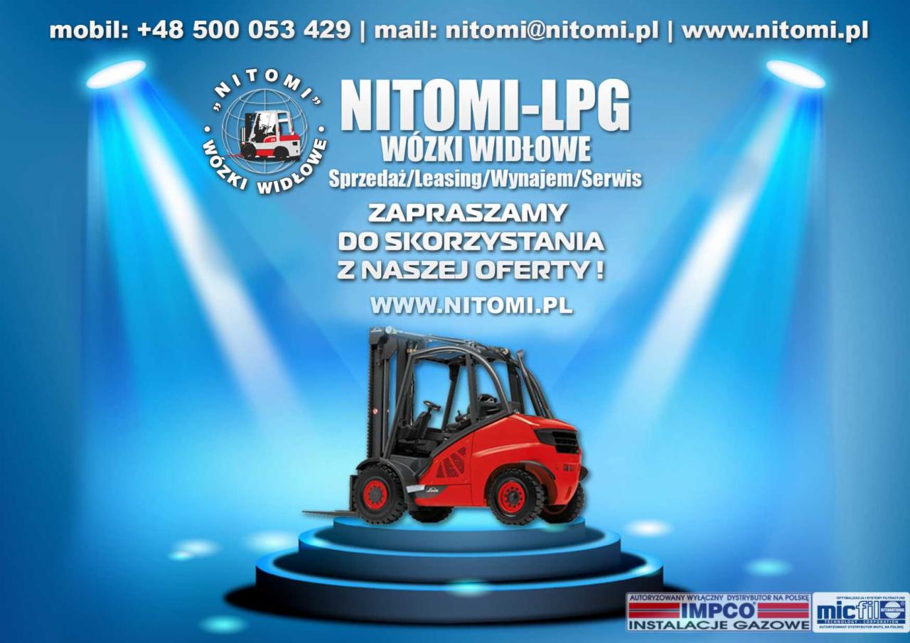 Czerwony wózek widłowy na niebieskim tle z logo firmy NITOMI-LPG, oferującej sprzedaż, leasing, wynajem i serwis wózków widłowych.