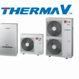 Zestaw urządzeń Therma V firmy LG, składający się z jednostki wewnętrznej (hydrobox) i dwóch jednostek zewnętrznych (split), na białym tle.