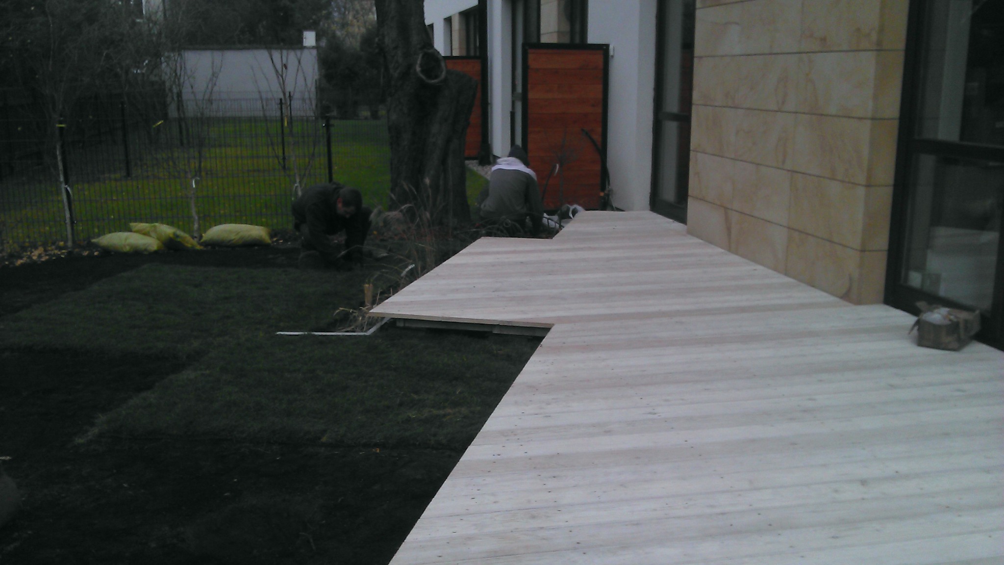 Układanie trawy z rolki obok drewnianego tarasu przy nowoczesnym domu, widoczni dwaj pracownicy podczas pracy.