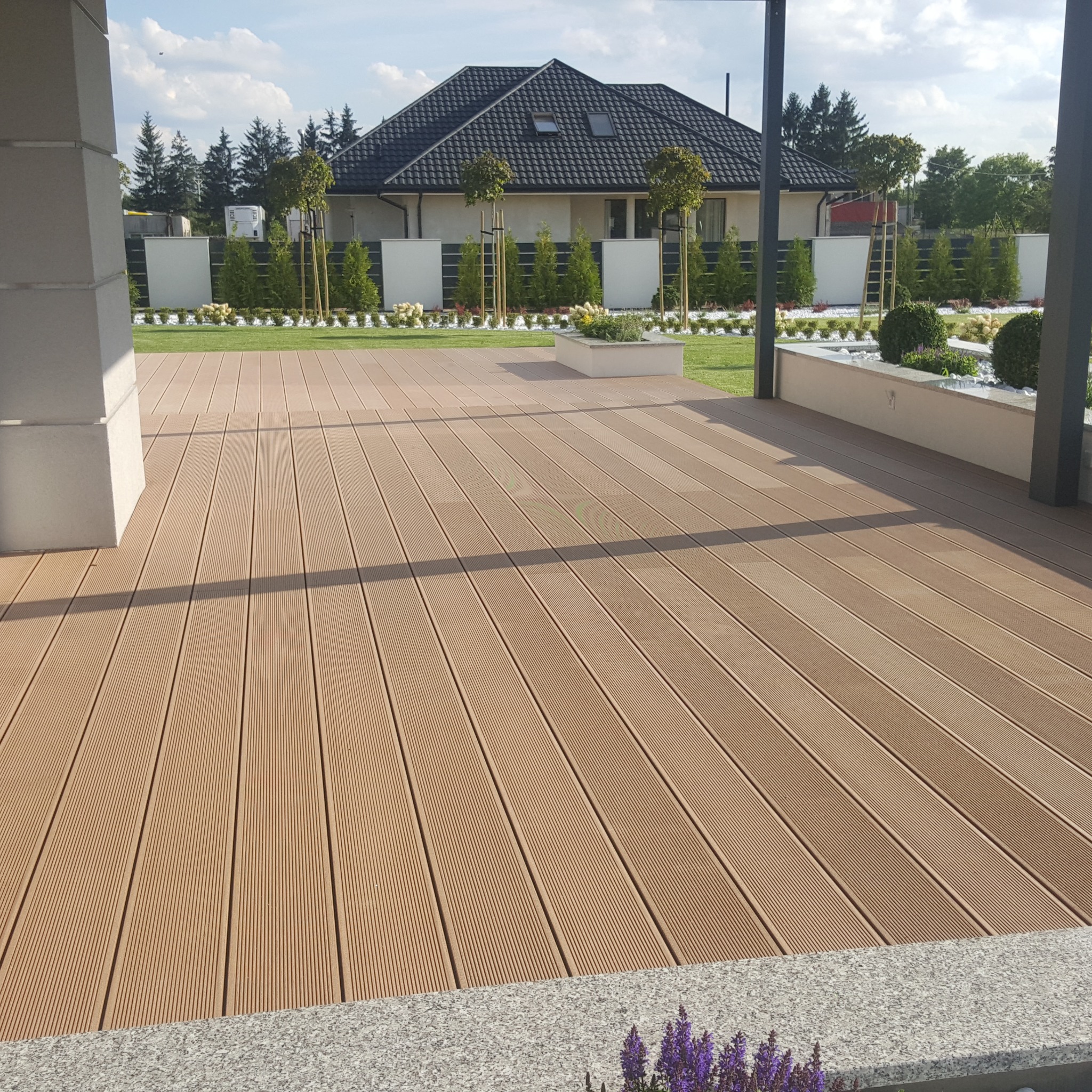 Nowoczesny taras z desek kompozytowych w kolorze jasnego drewna, z widokiem na zadbany ogród z równo przystrzyżonym trawnikiem, żywopłotem z białymi kamieniami i dekoracyjnymi drzewkami kulistymi.