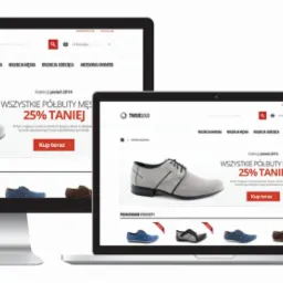 Responsywny wygląd strony internetowej z butami na monitorze, laptopie, tablecie i smartfonie, prezentujący kolekcję jesień 2014 z promocją 25% taniej na półbuty męskie, z widocznym logo firmy...