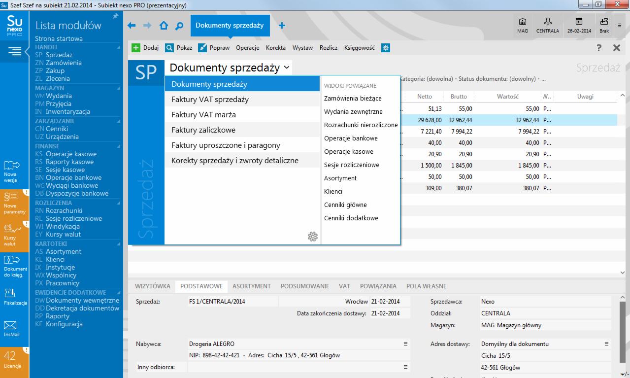 Okno programu Subiekt nexo PRO z widocznymi dokumentami sprzedaży, fakturami VAT, rozrachunkami i operacjami kasowymi, prezentujące dane firmy Drogeria ALEGRO.