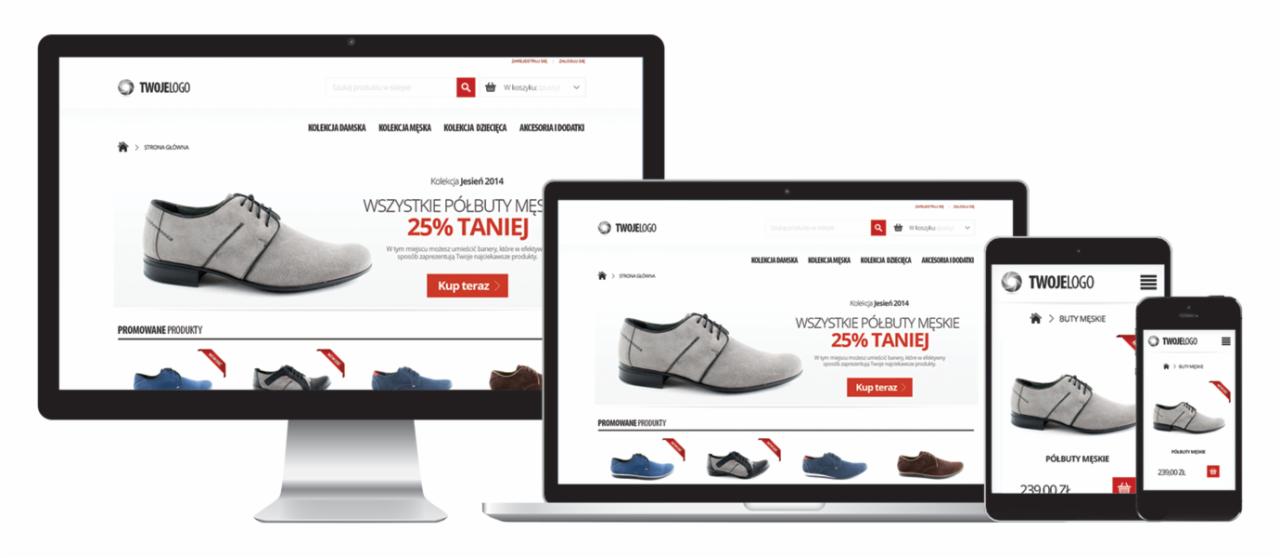 Responsywny wygląd strony internetowej z butami na monitorze, laptopie, tablecie i smartfonie, prezentujący kolekcję jesień 2014 z promocją 25% taniej na półbuty męskie, z widocznym logo firmy...