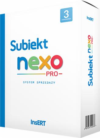 Pudełko oprogramowania Subiekt nexo PRO dla 3 stanowisk, system sprzedaży, logo Insert.