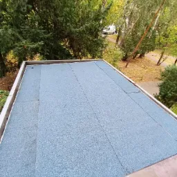 Niebieska, płaska powierzchnia dachu pokryta papą, widok z góry, otoczona zielenią drzew i krzewów w tle.