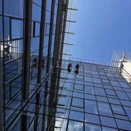 TDL GROUP SP.J. - Dwóch pracowników na linach zabezpieczających, myjących szklaną fasadę nowoczesnego biurowca w słoneczny dzień, widok z dołu.